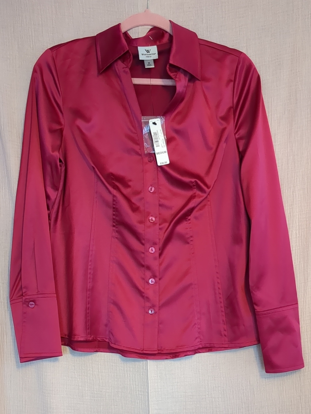Worthington Magenta Satin Button-Up Blouse